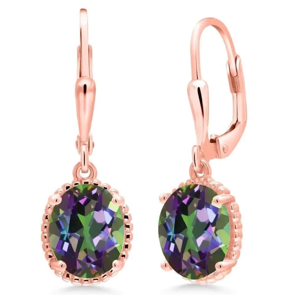 18K Rose Gold 925 with 4.60 Cttw Green Mystic Topaz Oval Leverback Hook Earrings